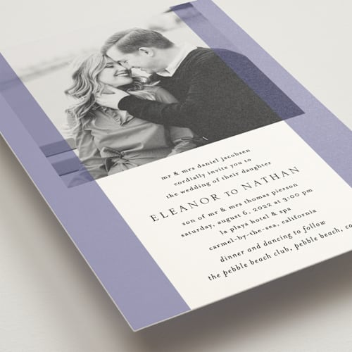This is a lilac wedding invitations with standard by Erin Deegan called transparent printing on signature in standard