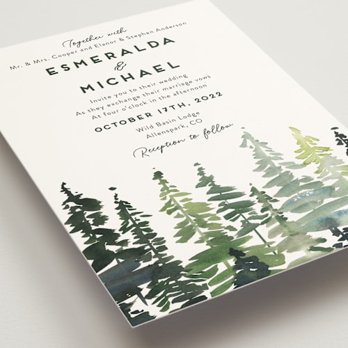 This is a forest wedding invitations with standard by Yao Cheng Design called evergreens watercolor printing on signature in standard