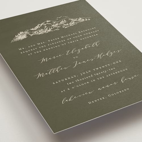 This is a olive wedding invitations with standard by Helen Halik called into the mountains printing on signature in standard