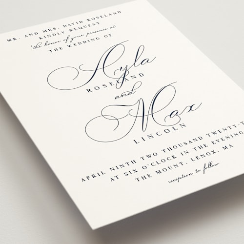 This is a navy wedding invitations with standard by Keen Peachy called sweet nothings printing on signature in standard
