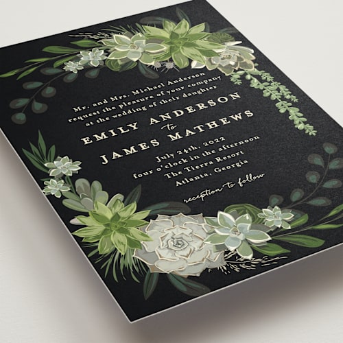 This is a midnight wedding invitations with standard by Susan Moyal called agave & greens printing on signature in standard