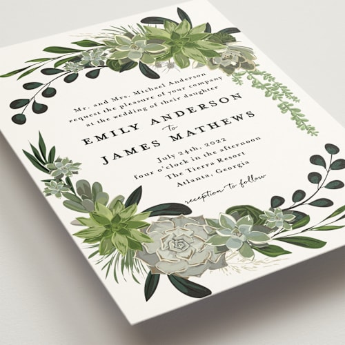 This is a ivory wedding invitations with standard by Susan Moyal called agave & greens printing on signature in standard