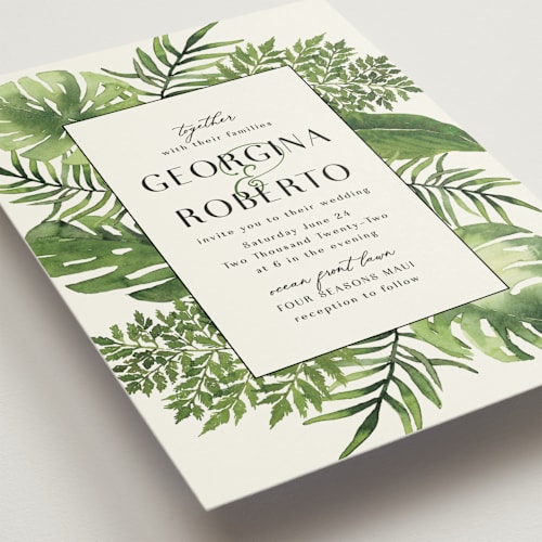 This is a jade wedding invitations with standard by Chris Griffith called tropical vows printing on signature in standard