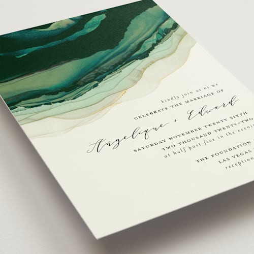 This is a emerald wedding invitations with standard by Three Kisses Studio called flow printing on signature in standard