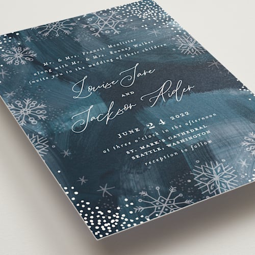 This is a navy wedding invitations with standard by Alethea and Ruth called midnight snowfall printing on signature in standard