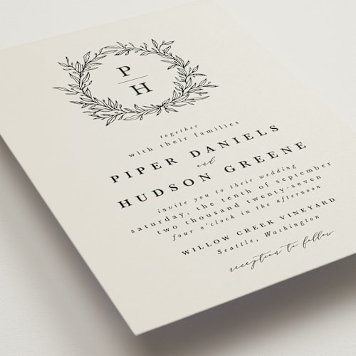 This is a cotton wedding invitations with standard by Kate Ahn called leafy wreath printing on signature in standard