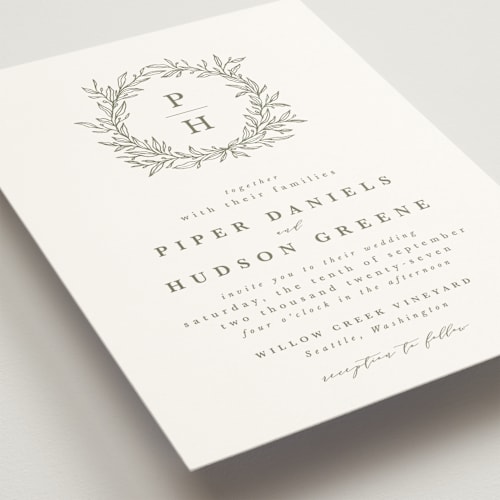 This is a moss wedding invitations with standard by Kate Ahn called leafy wreath printing on signature in standard