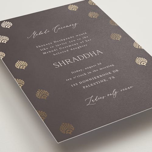 This is a celestial foil stamped wedding invitations with foil pressed by Deynaaz Daraei called shraddha printing on signature in standard