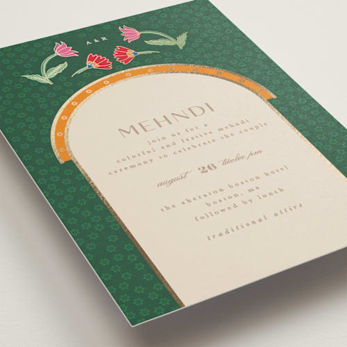 This is a sindoor foil stamped wedding invitations with foil pressed by Creo Study called indian garden printing on signature in standard