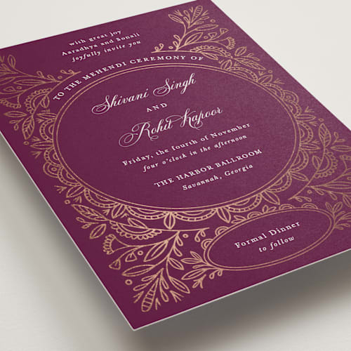 This is a amethyst foil stamped wedding invitations with foil pressed by Mansi Verma called zardozi printing on signature in standard