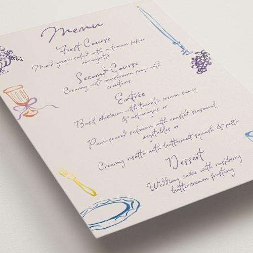 This is a hydrangea menu cards with standard by Cass Loh called tablescape drawing printing on signature in 5x7