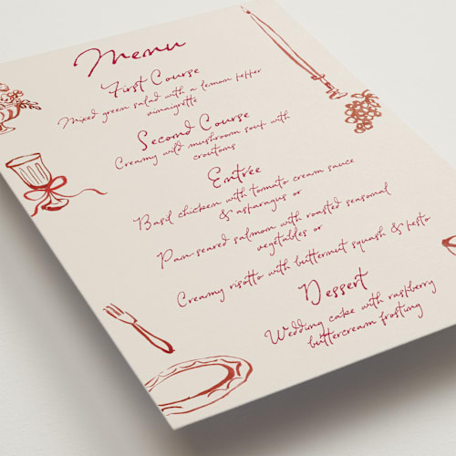 This is a wine menu cards with standard by Cass Loh called tablescape drawing printing on signature in 5x7
