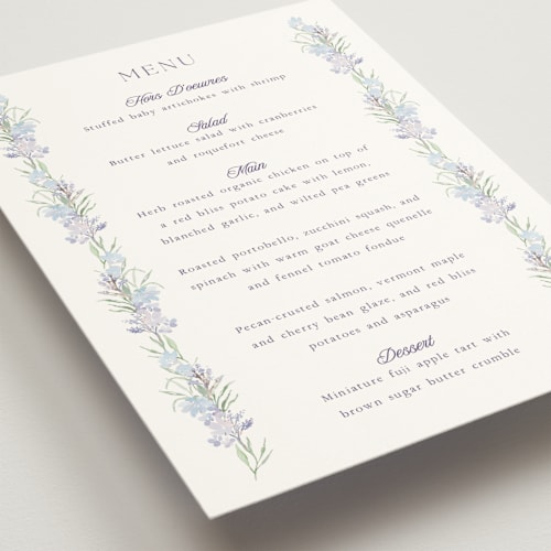 This is a toscana menu cards with standard by Claudia Orengo called hydrangea printing on signature in 5x7