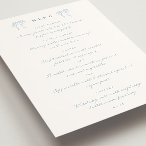 This is a lagoon menu cards with standard by Leah Bisch called bow frame printing on signature in 5x7