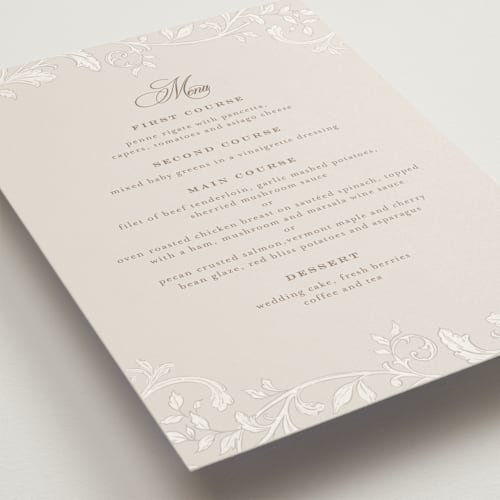 This is a natural menu cards with standard by BR Designs called vintage flourishes printing on signature in 5x7