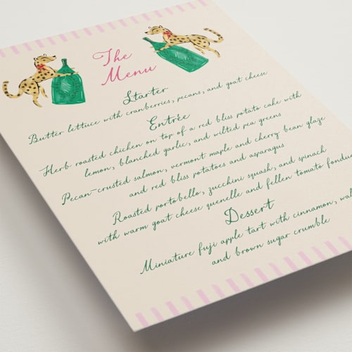 This is a peony menu cards with standard by Jackie Crawford called whimsical hand illustrated crest printing on signature in 5x7