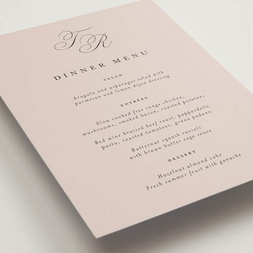 This is a dusty rose menu cards with standard by Kelly Schmidt called arch monogram printing on signature in 5x7