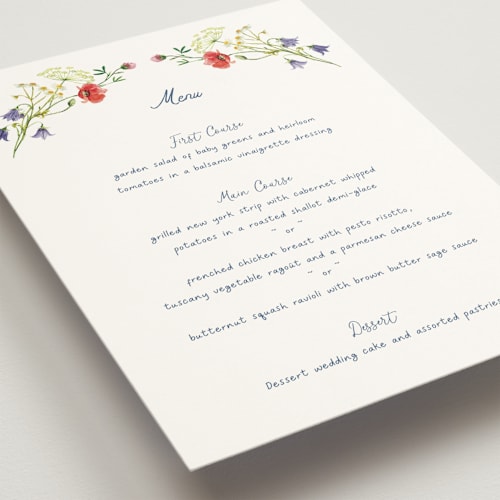 This is a ivory menu cards with standard by frau brandt called wildflower romance printing on signature in 5x7
