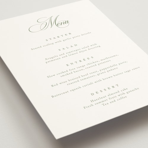 This is a garden menu cards with standard by Kelly Schmidt called chic script printing on signature in 5x7