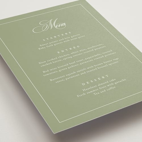 This is a garden menu cards with standard by Kelly Schmidt called greenwood printing on signature in 5x7