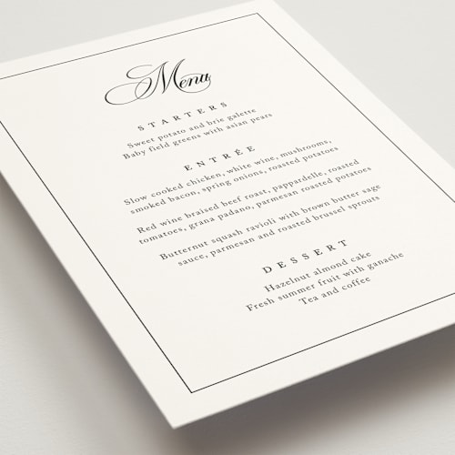 This is a silk menu cards with standard by Kelly Schmidt called greenwood printing on signature in 5x7
