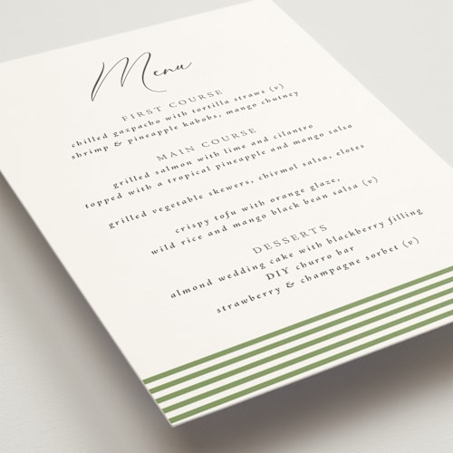 This is a leaf menu cards with standard by Olivia Raufman called palm monogram printing on signature in 5x7