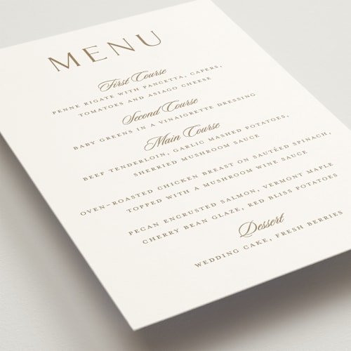 This is a golden menu cards with standard by Stacey Meacham called classic decorum printing on signature in 5x7