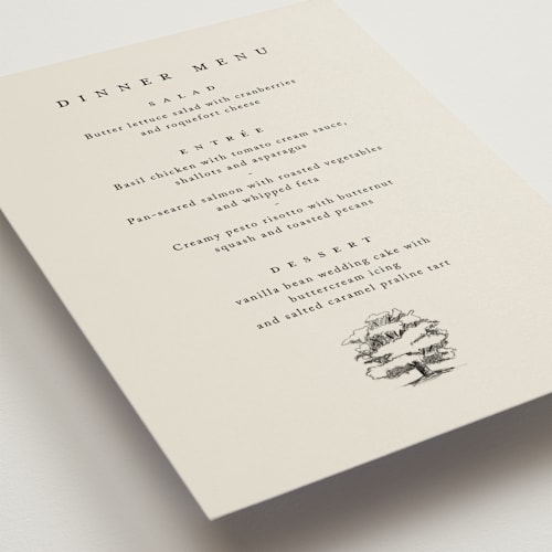 This is a dove menu cards with standard by Amy Kross called white oak printing on signature in 5x7