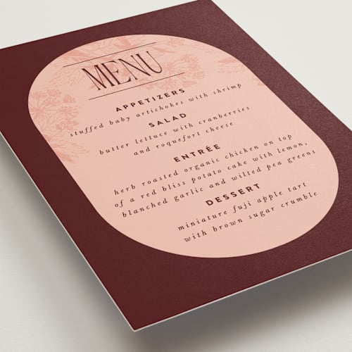 This is a burgundy menu cards with standard by Nazia Hyder called museum printing on signature in 5x7