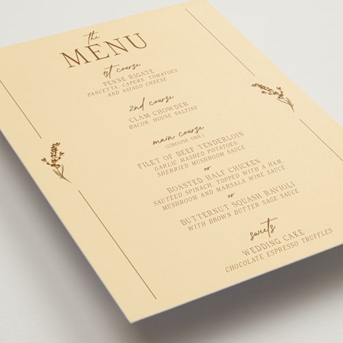 This is a bark menu cards with standard by Jen Ramsey called classic and floral printing on signature in 5x7