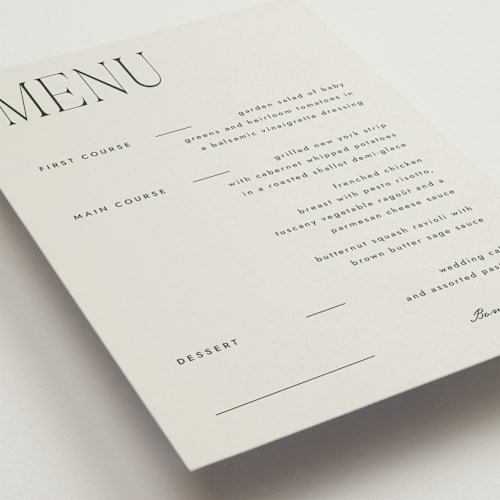 This is a forest menu cards with standard by Blustery August called hayes printing on signature in 5x7