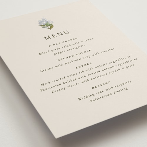 This is a almond menu cards with standard by Olivia Kanaley Inman called blockprint printing on signature in 5x7