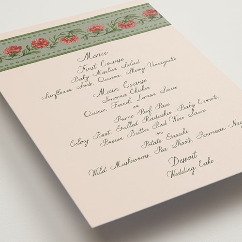 This is a coral fern menu cards with standard by Chris Griffith called wedding tapestry printing on signature in 5x7
