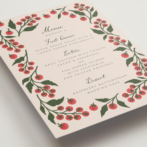 This is a tomato menu cards with standard by Katharine Watson called cherry tomatoes printing on signature in 5x7