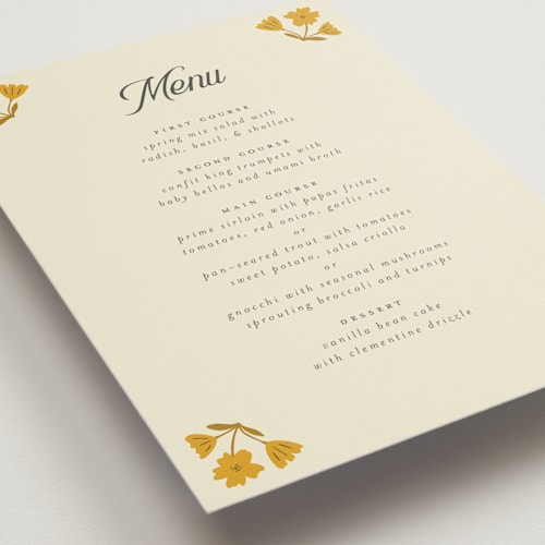 This is a yolk menu cards with standard by Morgan Kendall called vintage wildflowers printing on signature in 5x7