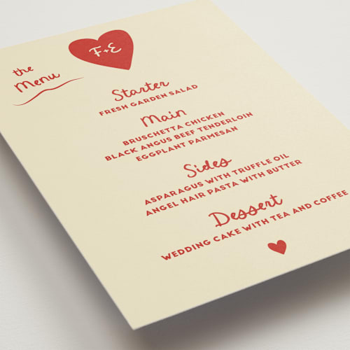 This is a cherry menu cards with standard by Ani Somi called big heart wedding printing on signature in 5x7