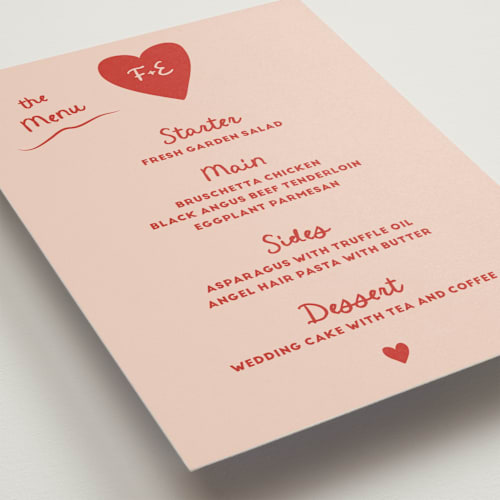 This is a blush menu cards with standard by Ani Somi called big heart wedding printing on signature in 5x7