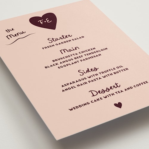 This is a chocolate menu cards with standard by Ani Somi called big heart wedding printing on signature in 5x7