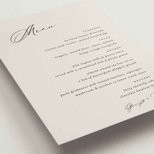 This is a ivory menu cards with standard by Carolyn Nicks called kinkaid printing on signature in 5x7