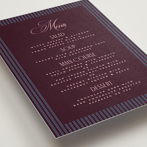 This is a plum menu cards with standard by Owl and Toad called sophisticate printing on signature in standard