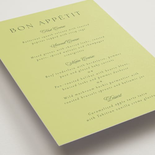 This is a chartreuse menu cards with standard by Everett Paper Goods called carlyle printing on signature in standard