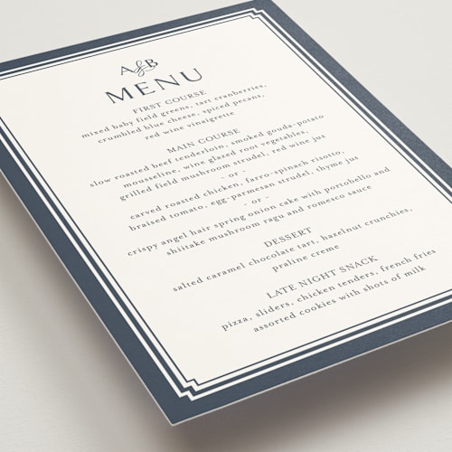 This is a french blue menu cards with standard by Jennifer Postorino called ariah printing on signature in standard