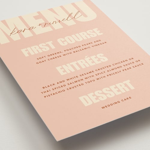 This is a blush menu cards with standard by Stacey Day called typographical poster printing on signature in 5x7