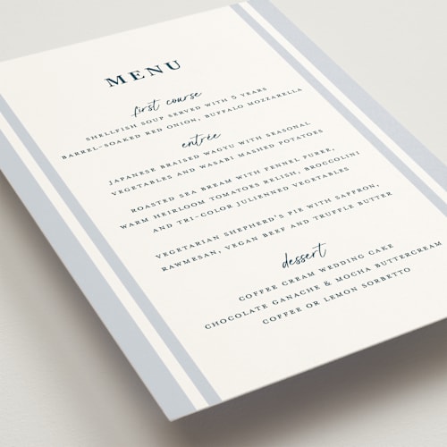 This is a powder blue menu cards with standard by chocomocacino called melihrolo printing on signature in 5x7