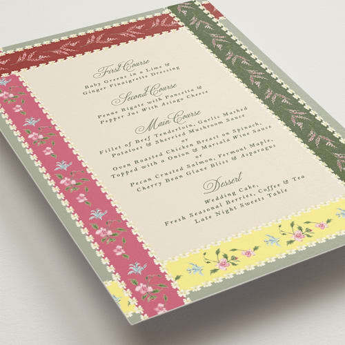 This is a english garden menu cards with standard by Phrosné Barwood called whimsey floral printing on signature in 5x7