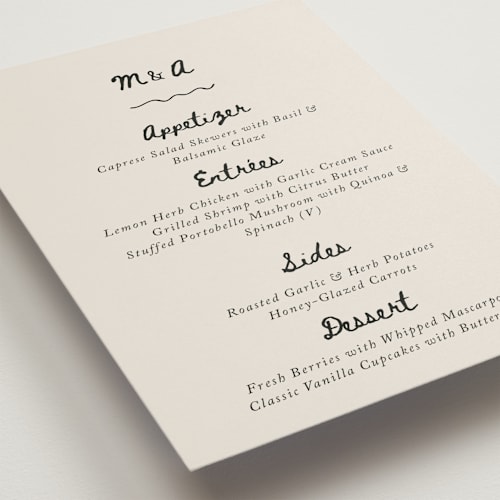 This is a lace menu cards with standard by Cass Loh called simple monogram printing on signature in 5x7