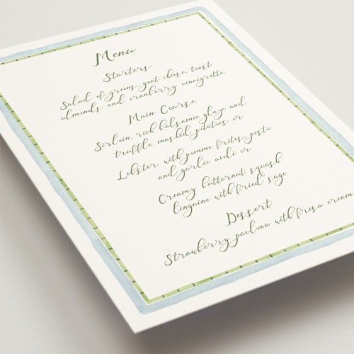 This is a celeste menu cards with standard by Pati Cascino called alento printing on signature in 5x7