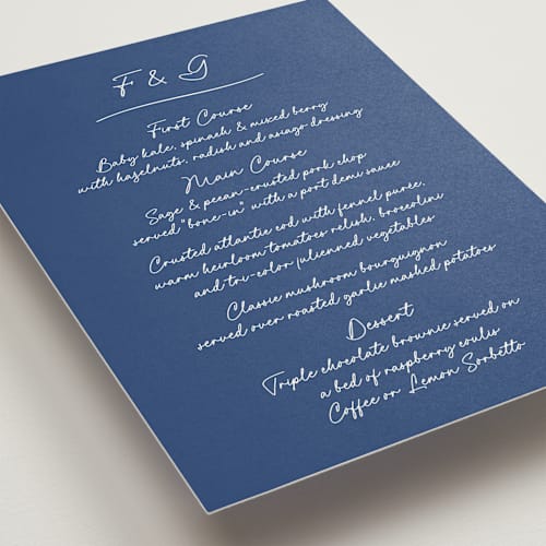 This is a santorini menu cards with standard by chocomocacino called strazzate printing on signature in 5x7