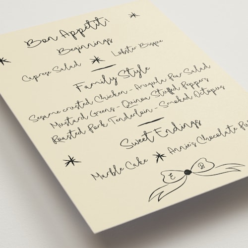 This is a champagne menu cards with standard by Helena Vitto called modern love printing on signature in 5x7