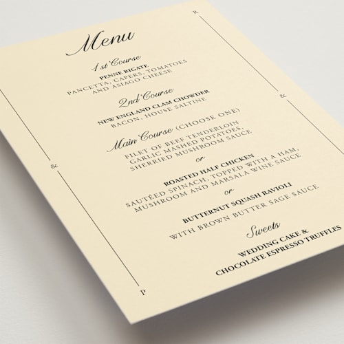 This is a sunshine menu cards with standard by Jen Ramsey called elegant and formal printing on signature in 5x7
